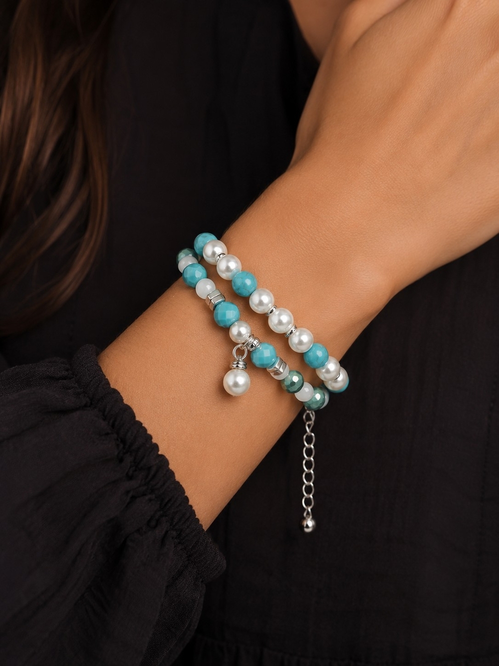 Turquoise and White Pearl Stack Bracelet Set